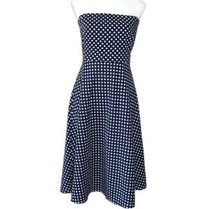 J. CREW Strapless Cotton Fit & Flare Dress Navy with Ivory Polka-Dots, Size 2